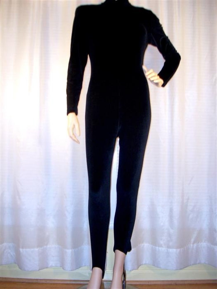 Sale Vintage 80s Black Catsuit Stirrup Pant Velvet By Futurehippie