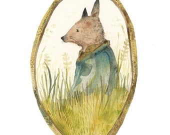 Fox, children's room art, whimsical animal art, Fox in the Field archival art print, fox art, woodland, forest