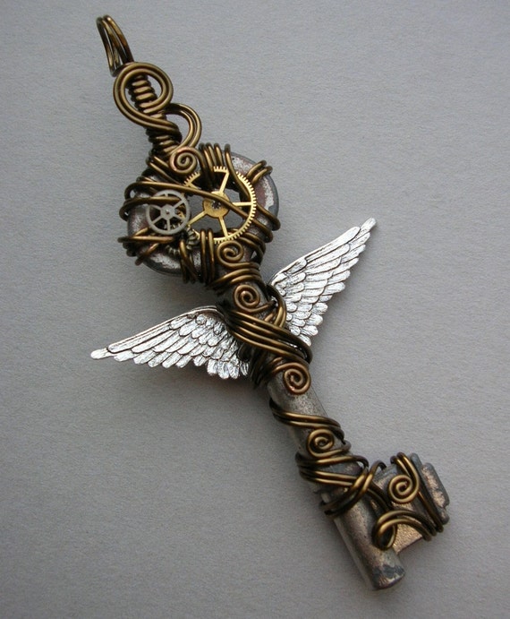 Silver Winged Clockwork Key A key to time