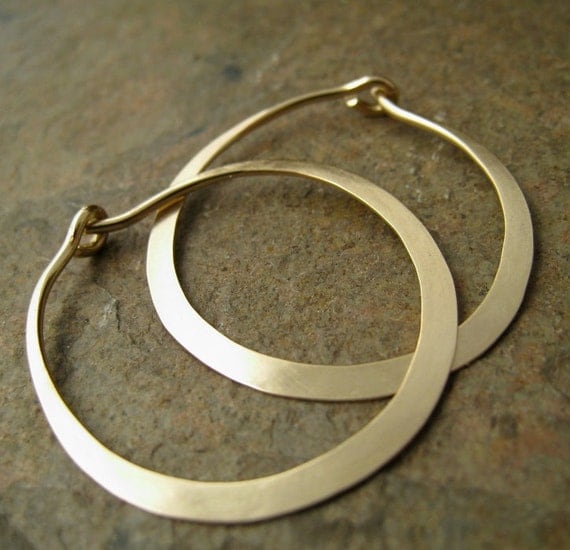 Hammered Wide 1 Solid 14k Gold Hoop Earrings Minimalist