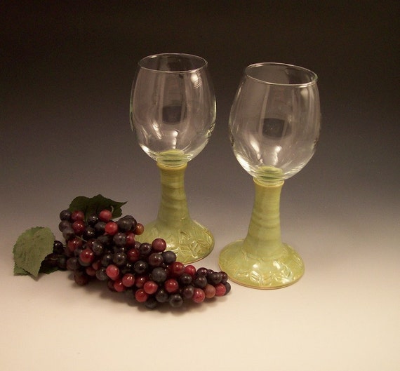 Hand Made Pottery Wine Glasses in French Country Green
