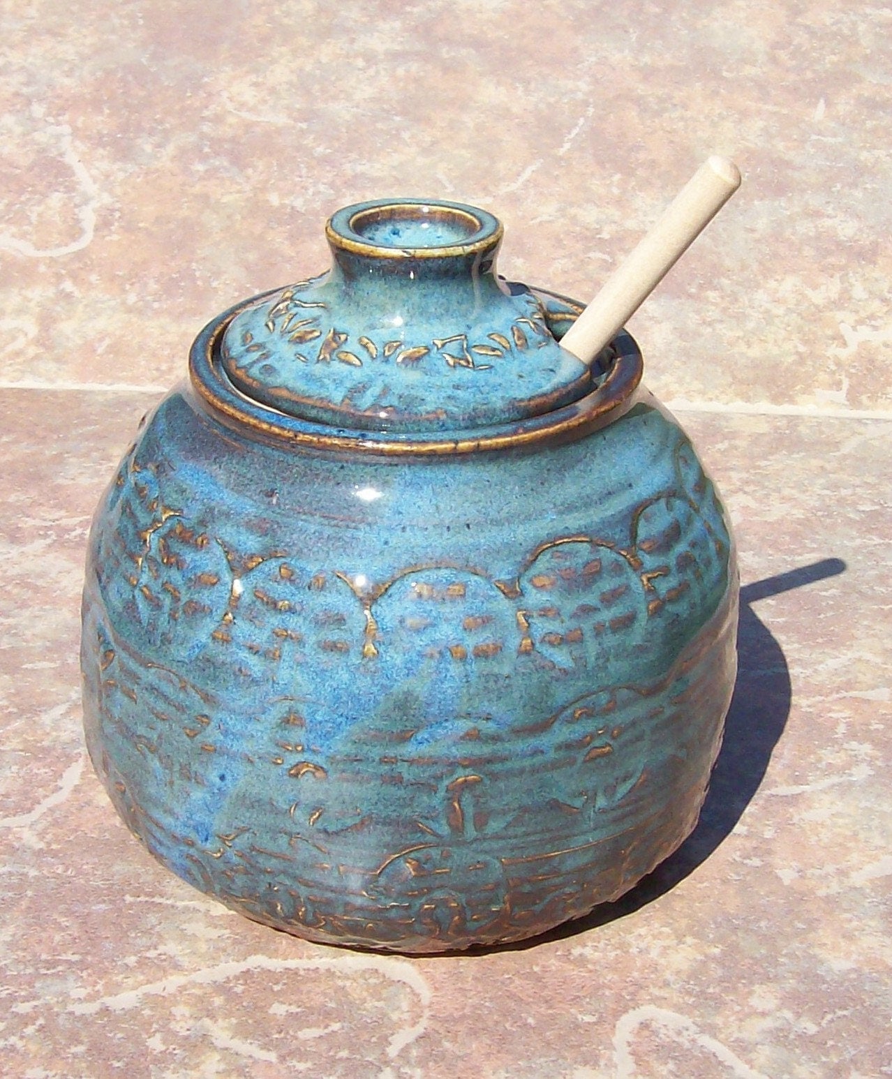 Hand Made Pottery Honey Pot In Garden Earth Blue