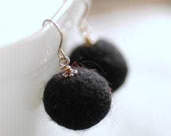 Felted Bead Earrings, Black Earrings, Wool Earrings, Whimsical Earrings, Fun Jewelry, Sterling Silver, Funky Earrings, Textured Earrings