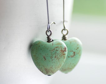 Mint Green Heart Earrings, Pastel Jewelry, Seafoam Green, Dangle Earrings, Cottage Wedding, Valentine, Stone Hearts and Gunmetal - Softly