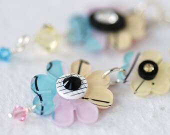 Flower Earrings, Blue Pink Daisies, Groovy Earrings, Hippie Jewelry, Statement Earrings, Funky Flowers and Sterling Silver - Flower Child