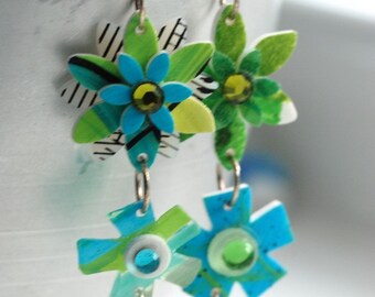 Flower Earrings, Groovy Earrings, Hippie Jewelry, 1970's Inspired, Green and Blue Handpainted Flowers and Sterling Silver - Flower Child