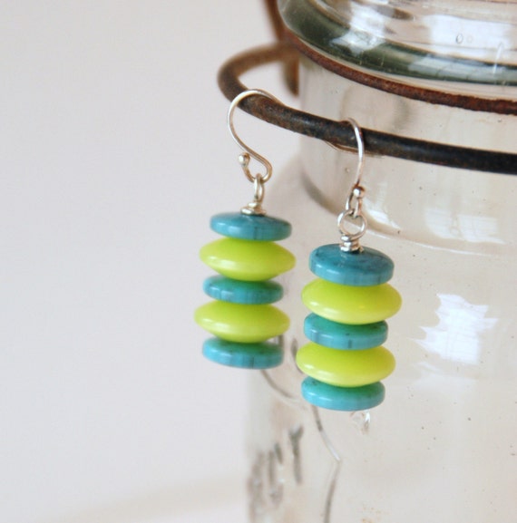 Earrings Lime Green and Turquoise Vintage Lucite and Sterling