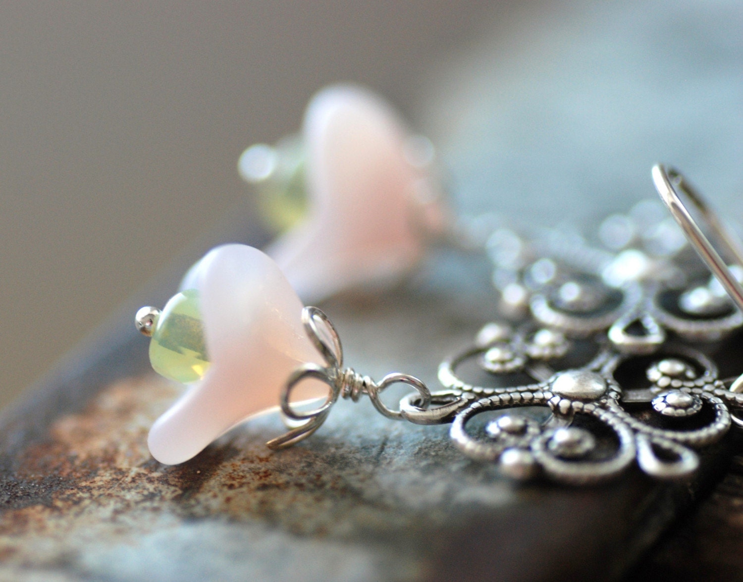 Earrings Pastel Pink Glass Flowers Filigree and Sterling