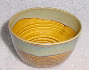 Beautiful Tea Bowl in Amber, Sage Green and Blue