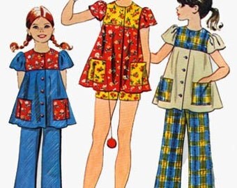 Vintage 1970s Girls Smock Top and Pants or Shorts Sewing Pattern Simplicity 5602 Retro 70s Childrens Pattern Size Chubbie 14.5