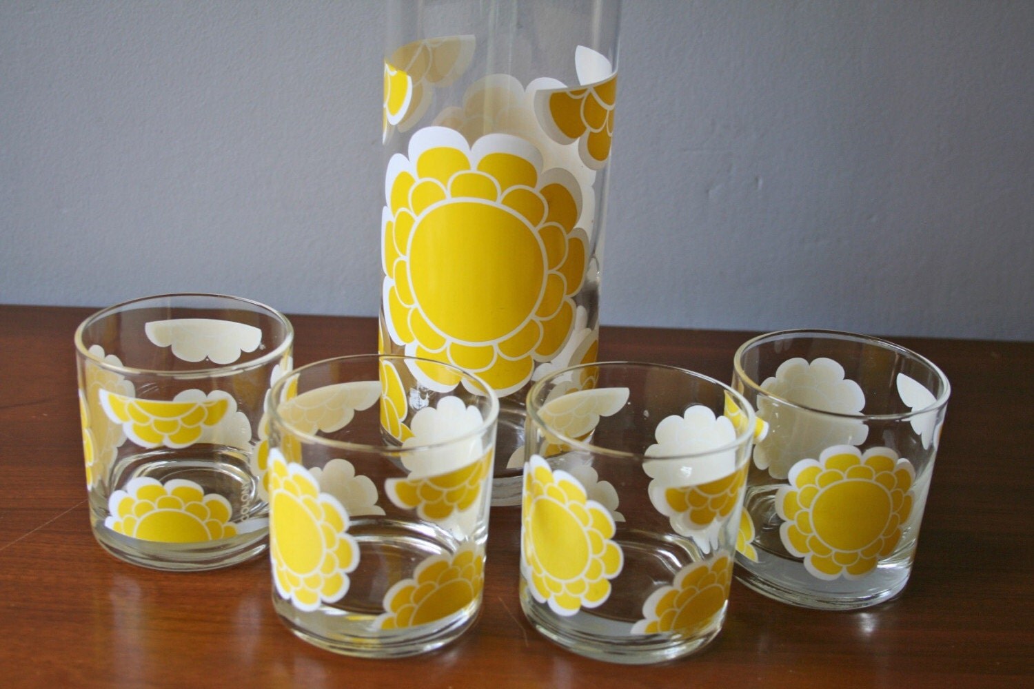 vintage yellow flower drinking glasses and decanter set in