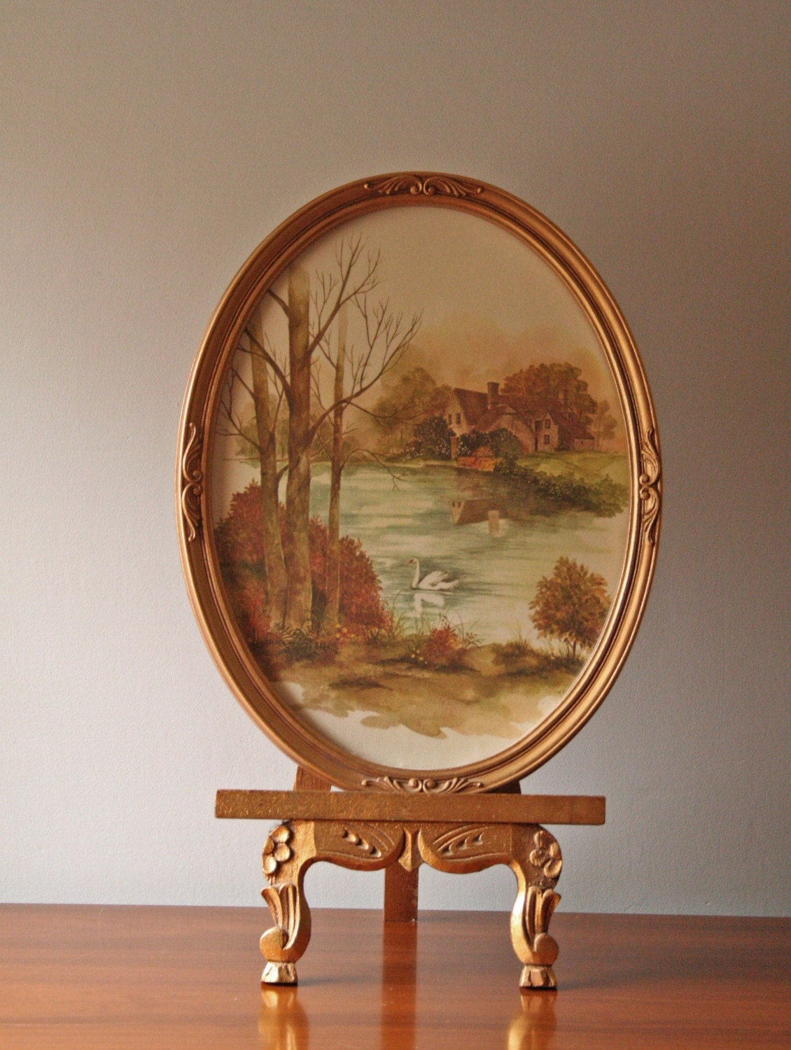 vintage large oval framed print landscape with a house