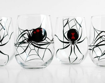 Black Widow Spider Stemless Wine Glasses - Set of 4 Hand Painted Halloween Glasses