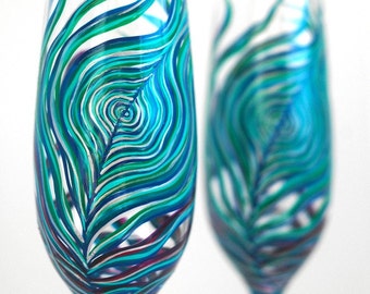 Peacock Feather Wedding Champagne Flutes - Set of 2 Personalized Toasting Flutes - Hand Painted Custom Wedding Flutes
