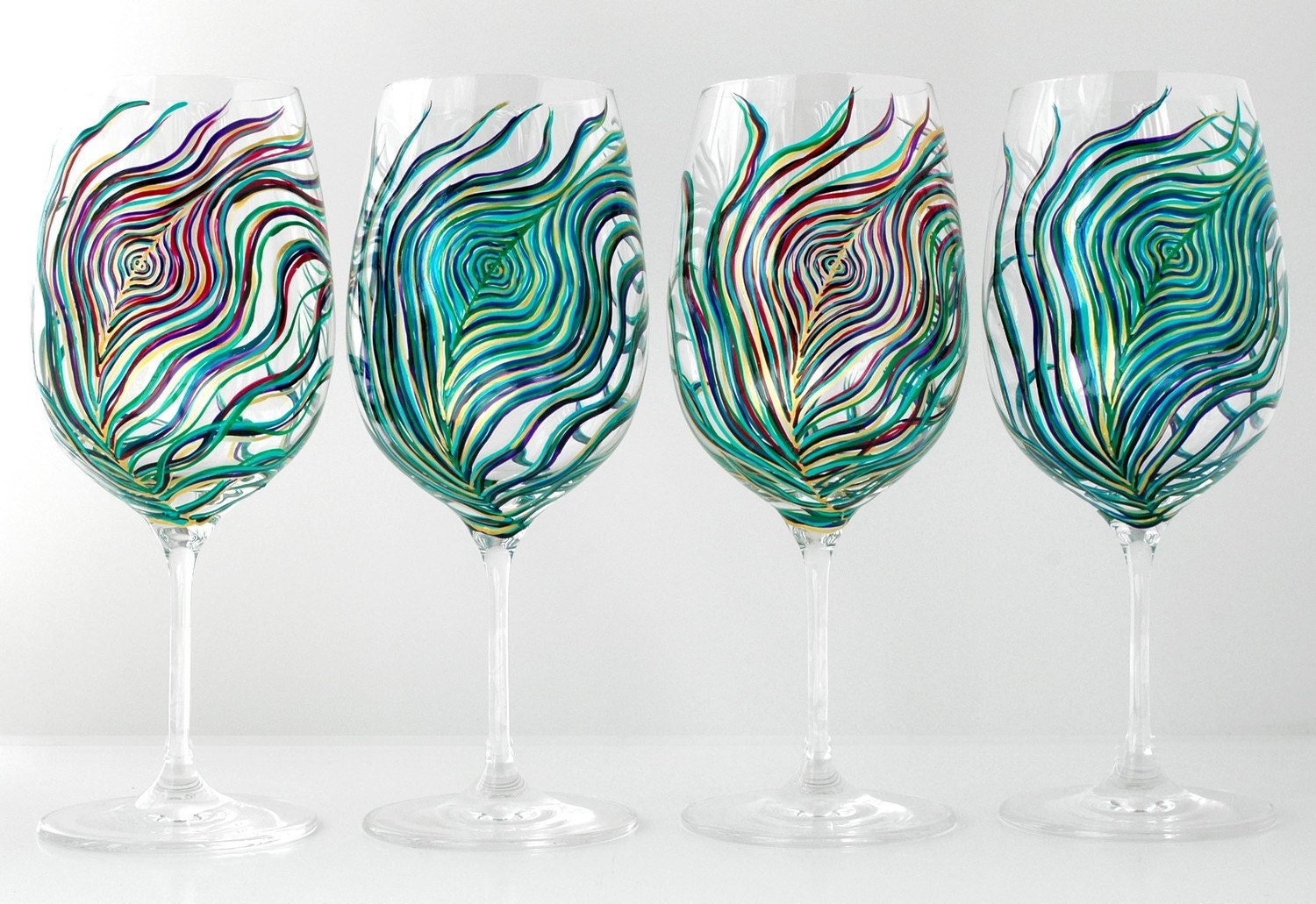 Regal Peacock Feather Wine Glasses 4 Piece Hand Painted Wine