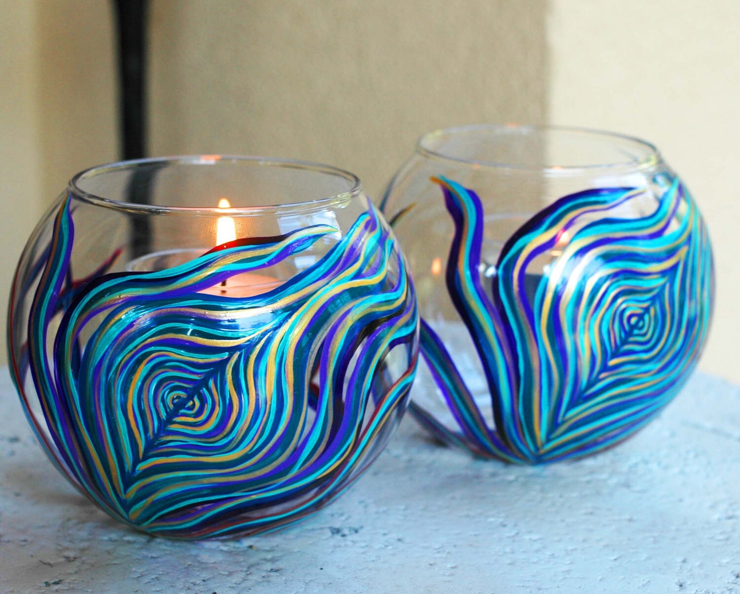Peacock Feather Glass Candle VotiveSingle Handpainted Candle
