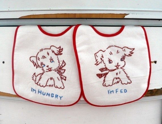 Boutique All Cotton Vintage Inspired Retro Puppies 2 piece Gift Embroidered Baby Bib Set, I'm Hungry , I'm Fed Il_570xn