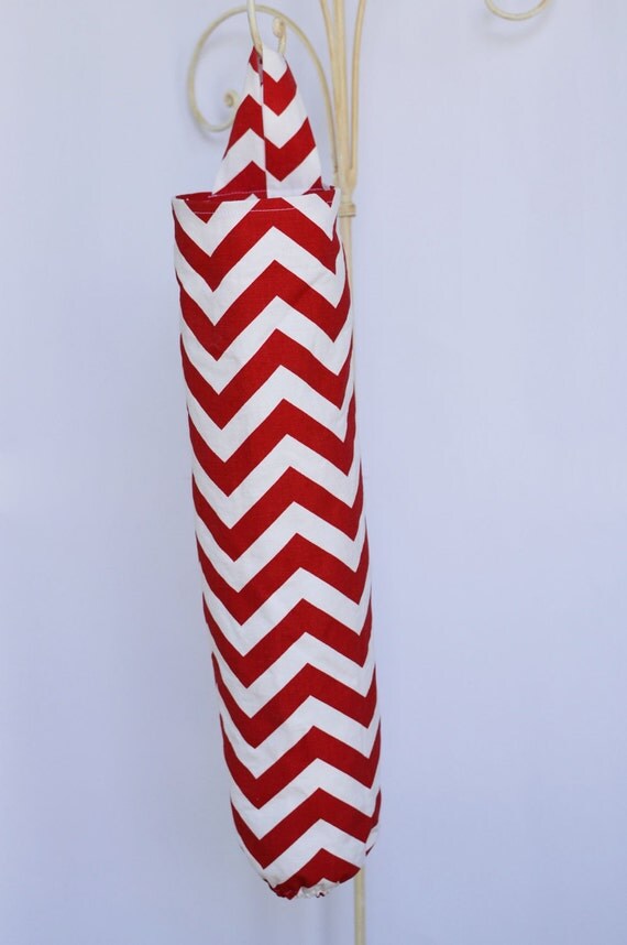 Fabric Plastic Grocery Bag Holder Red Chevron Zig Zag