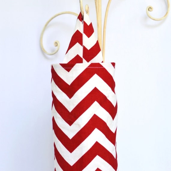 Fabric Plastic Grocery Bag Holder Red Chevron Zig Zag