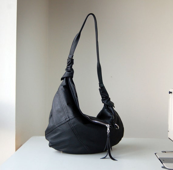 Rosaire black leather hobo shoulder bag handmade.