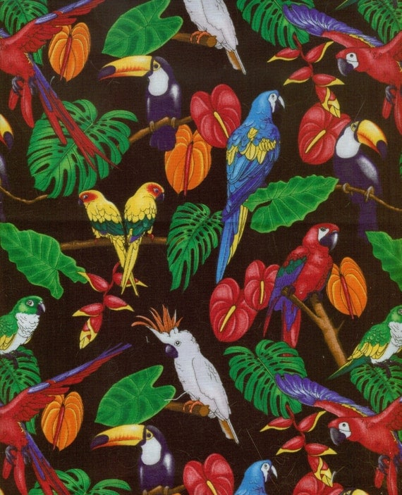 BIRD FABRIC TROPICAL BIRDS on BLACK from TIMELESS by enzedr