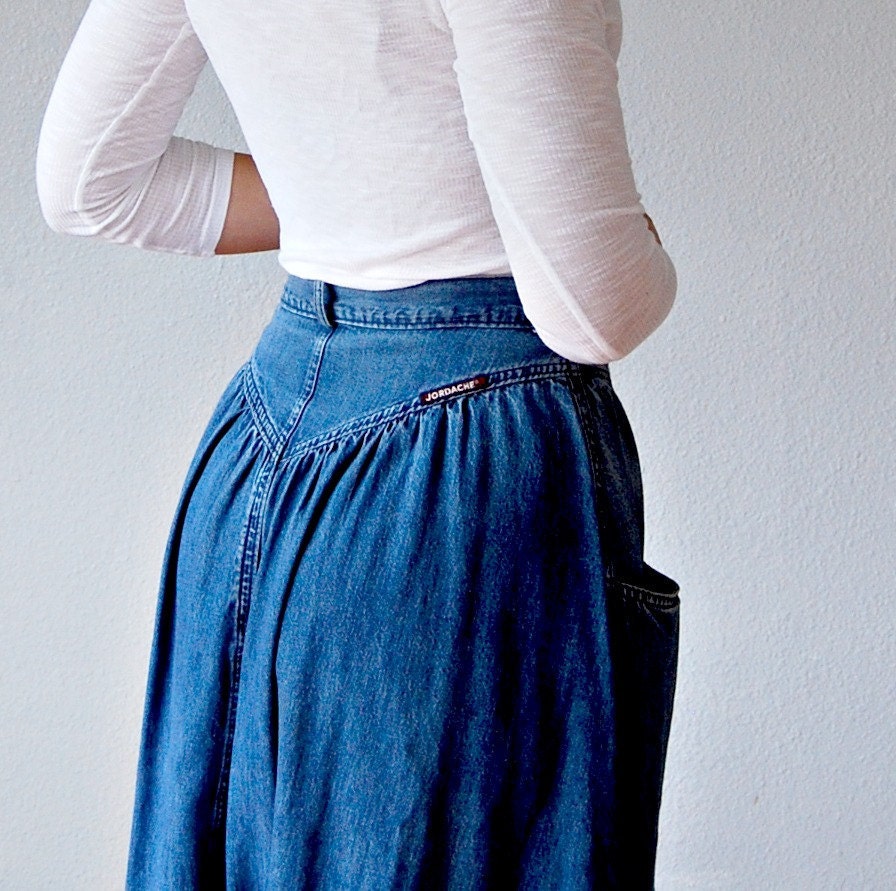 JORDACHE long denim skirt / gathered YOKE front midi skirt