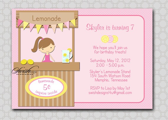 Lemonade Stand Birthday Invitation - lemon pink lemonade sunshine Printable Birthday Invite - 5x7 digital file Il_570xn