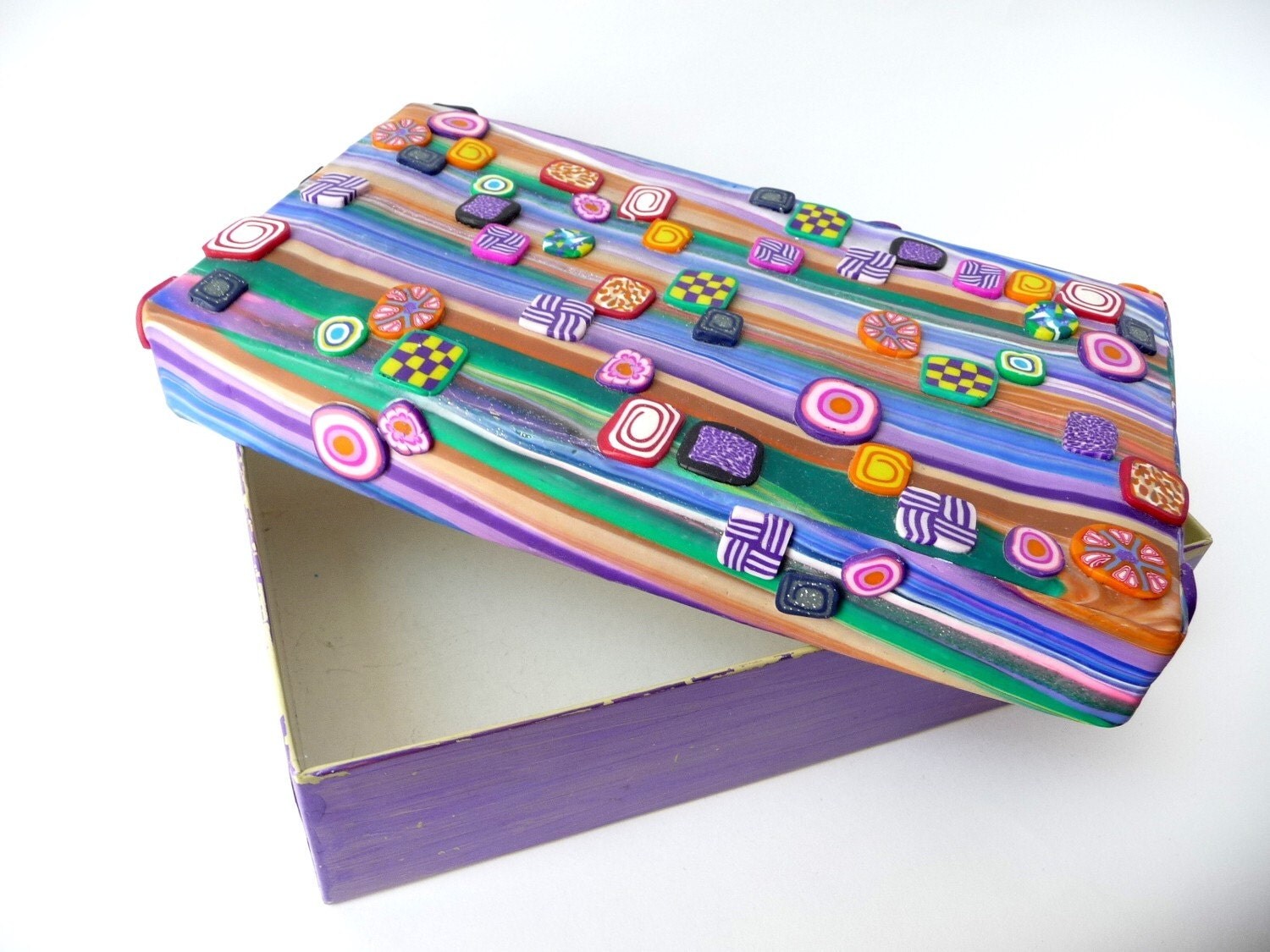 Polymer Clay Box Rainbow Stripes Millefiori Multicolor
