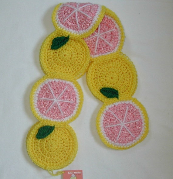 SALE Grapefruit Scarf Crochet Pink Yellow Fruit green leaves