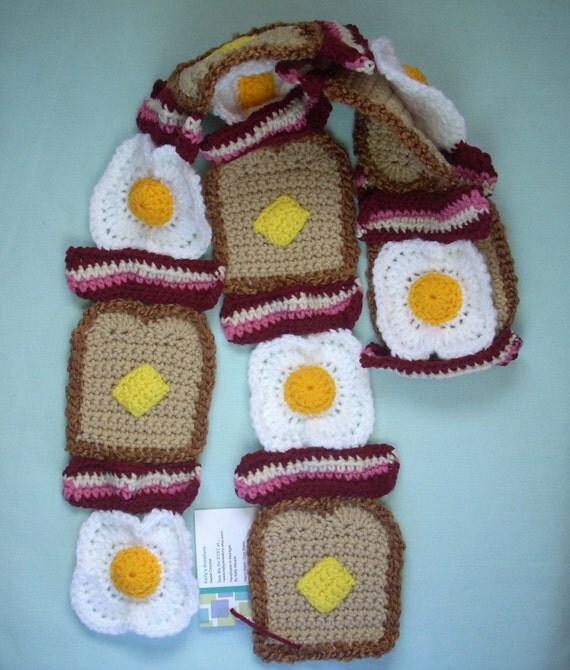 Toast SCARF Crochet Reddish Pink Bacon Eggs and Whole Wheat