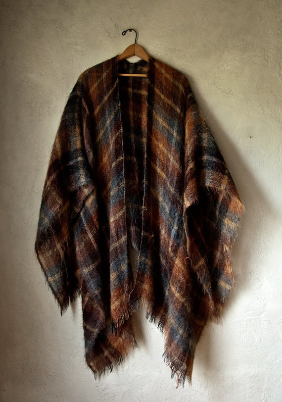 Vintage Mohair Plaid knit oversized blanket coat Cape wrap