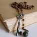 Vintage Rosary Necklace Green Bakelite Ball Button with Skeleton Key and Italian Wood Rosary Recycled Jewelry