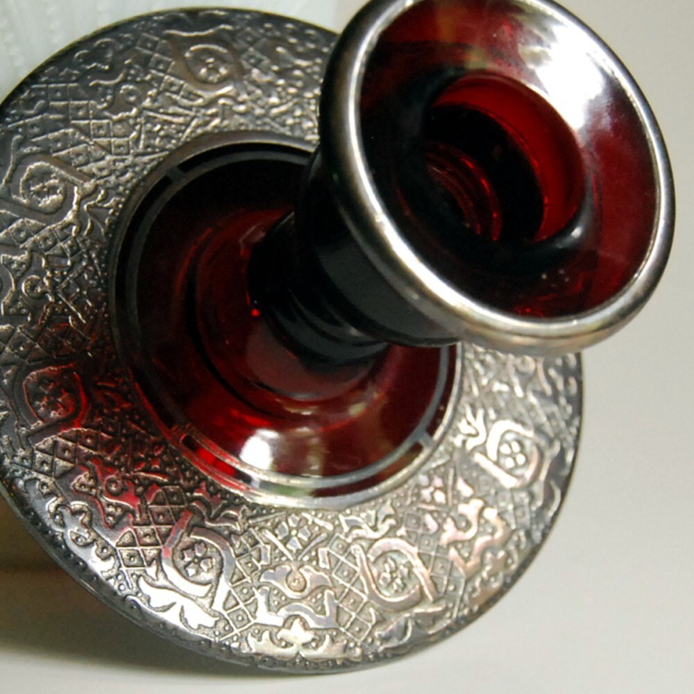 Vintage Ruby Red Glass Candle Holder with Sterling Silver
