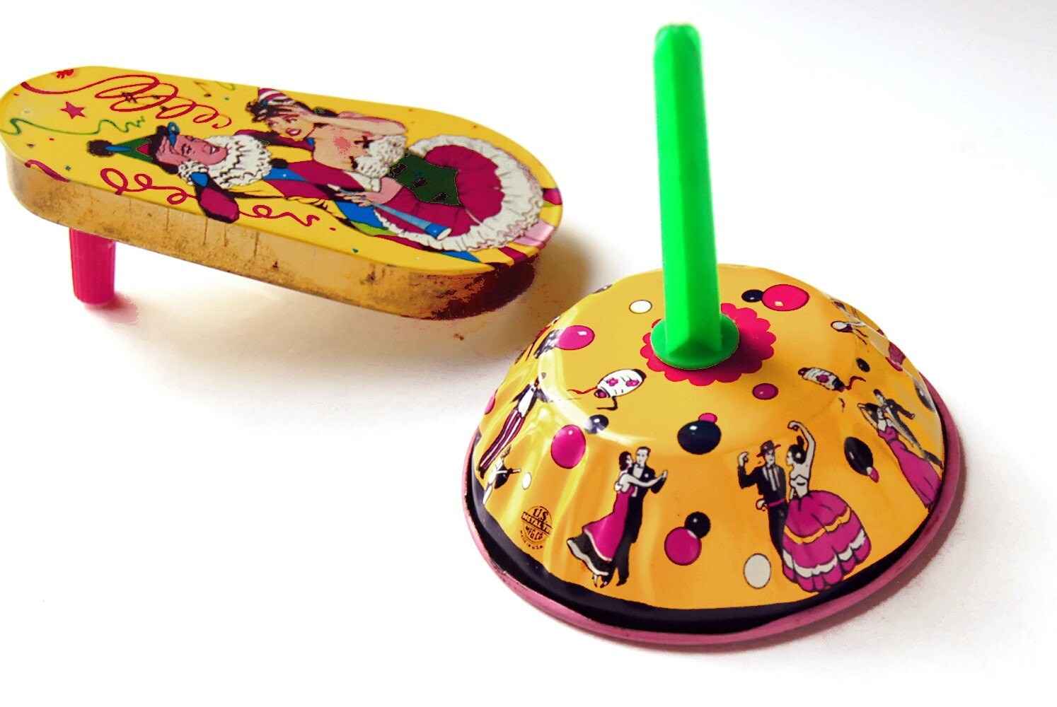 Vintage Toy Noisemakers 1950s Tin Litho Set of Two Noise