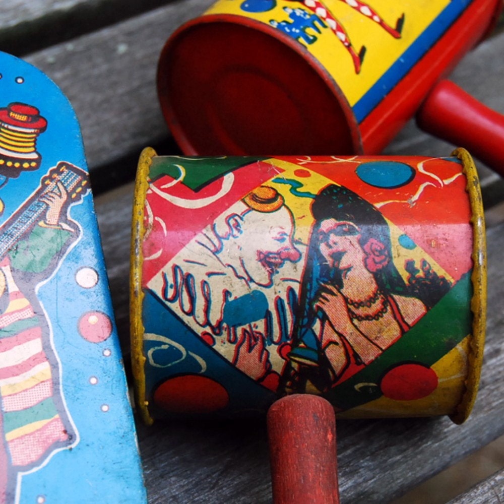Vintage Tin Litho Noise Makers Set of Three