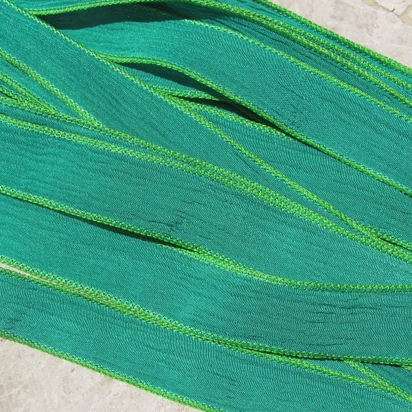 EMERALD GREEN Silk Ribbons Qty 5 Crinkle Silk Ribbons Hand