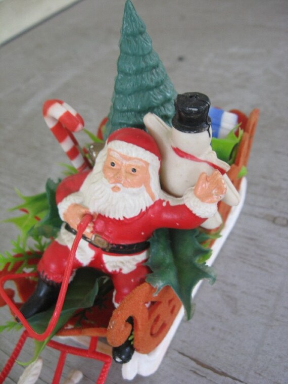 Vintage Plastic Santa Claus in his Sleigh with Frosty the