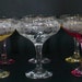 6 ART DECO Coupes Champagne Coupe Glasses 1930s Stemware Weddings Set of Six Pink Yellow Etched Art Nouveau Hollywood Regency glass Saucers