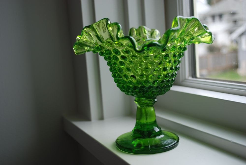 SALE Green glass hobnail footed candy dish