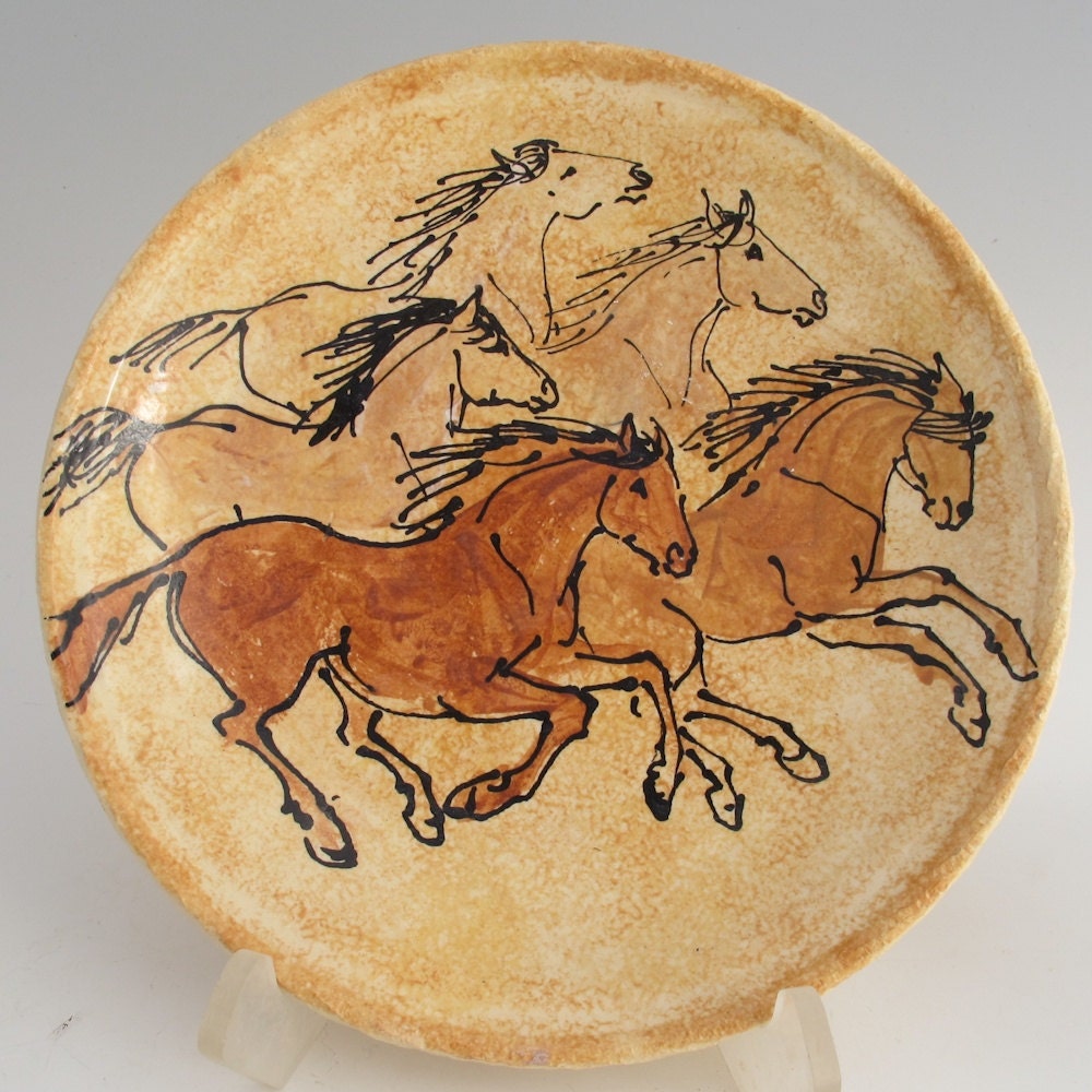 Plate with five horses stoneware pottery by MorrisPottery on Etsy