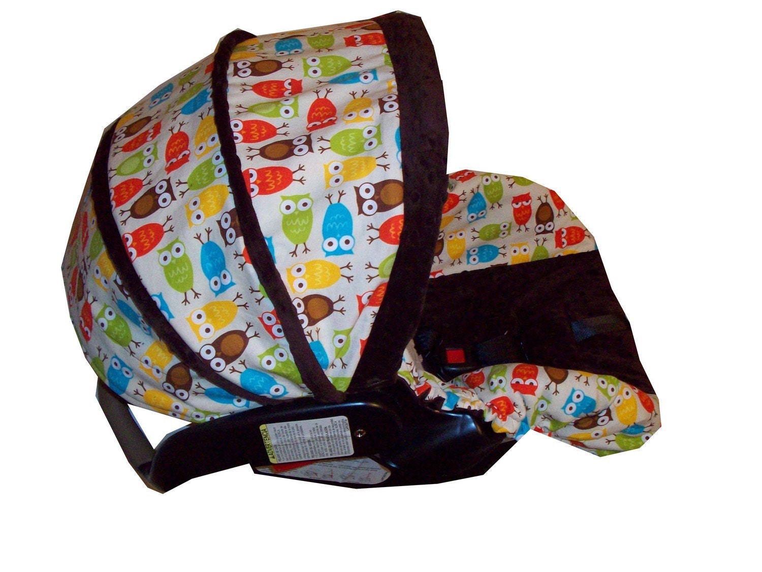 Infant car seat cover in owls by robert kaufman with minky dot