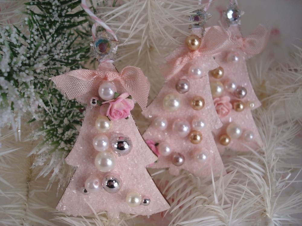 Pink Christmas Tree Ornaments Set of 2 by BeachPomPom on Etsy