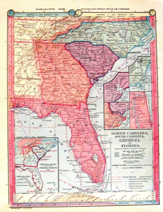 1885 Map South Carolina North Carolina Georgia And Florida