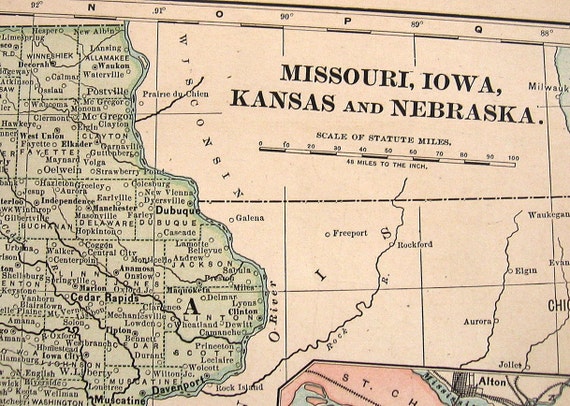 1898 Map of Missouri Iowa Kansas and Nebraska