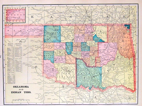 1899 Antique State Map Of Oklahoma And Indian Territories