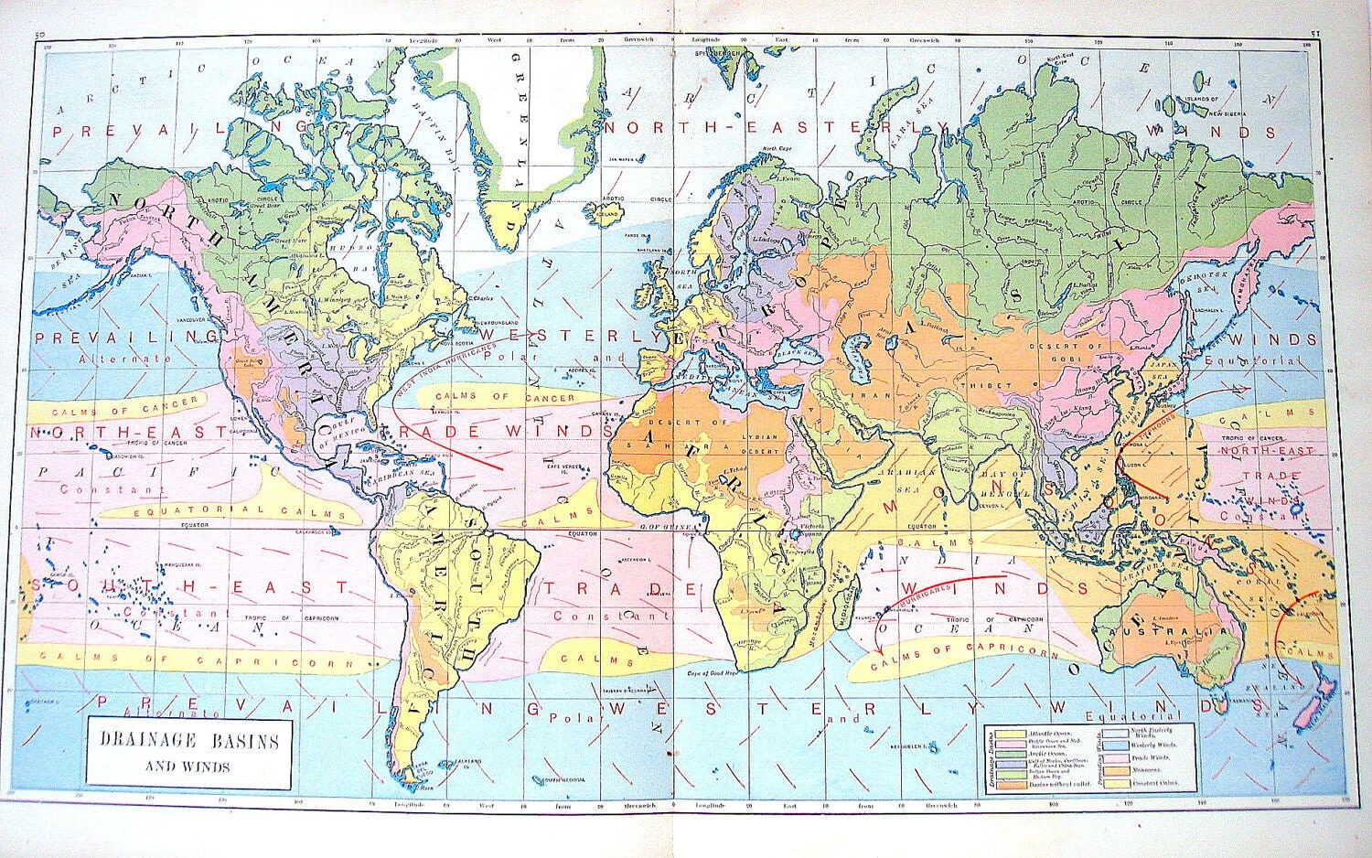 1890 Map Drainage Basins And Winds Antique World Atlas Map