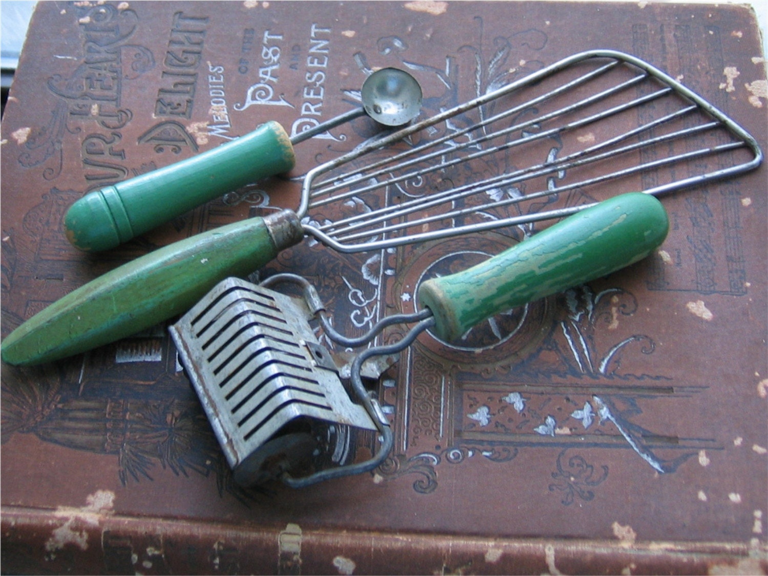 Vintage Kitchen Utensils Green Wooden Handles