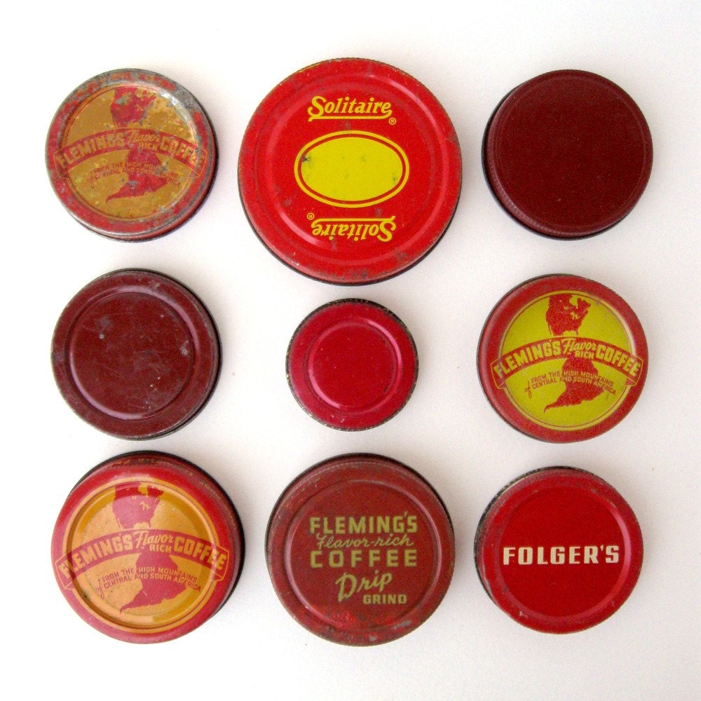 Vintage RED COFFEE JAR Lids INSTANT COLLECTION of 9 Pieces