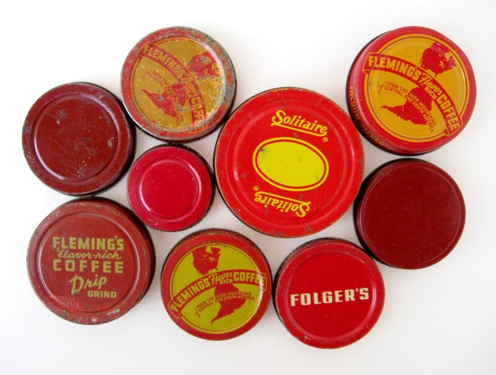Vintage RED COFFEE JAR Lids INSTANT COLLECTION of 9 Pieces