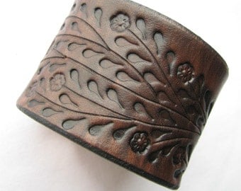 Wide Brown Leather Cuff Bracelet - Floral Vine Hand Tooled - Made of Top Quality Veg Tanned Leather